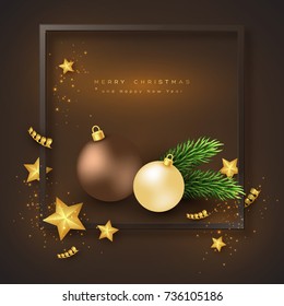 Merry Christmas holiday background with bauble, fir-tree and frame. Glitter glowing design, black background. Vector illustration.