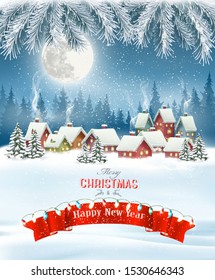 Merry Christmas Holiday Background With Branches Of Tree And Winter Village.Vector