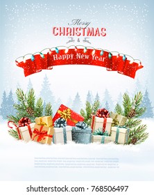 Merry Christmas Holiday Background with branches of tree and colorful gift boxes. Vector