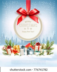 Merry Christmas Holiday Background with branches of tree and colorful gift boxes. Vector