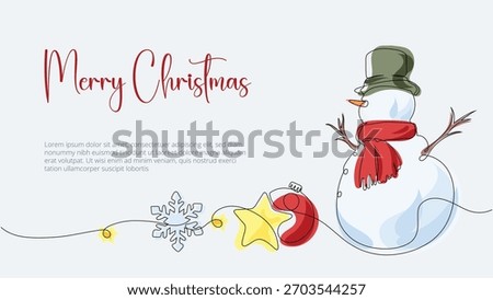 Merry Christmas Holiday Background with Continuous Line Drawing Snowman and christmas ornaments