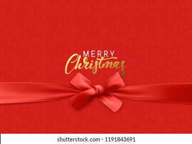 Merry Christmas Holiday background. Handwritten text, realistic textured pattern, pull ribbon bow.