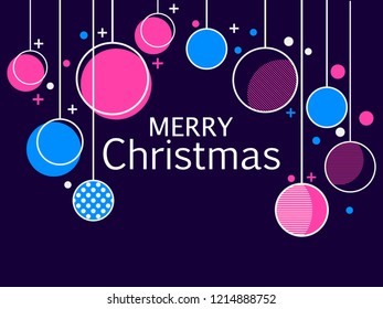 Merry Christmas. Holiday background with hanging christmas balls in memphis style. Vector illustration