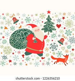 Merry Christmas holiday background. Seamless horizontally border. Santa Claus with sack of Christmas gifts. Vector illustration, greeting card.