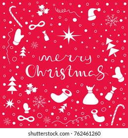Merry Christmas Holiday background with set of Christmas things. Hand drawn New Year pattern. Design element for cover, print, web, wrapping. Vector illustration
