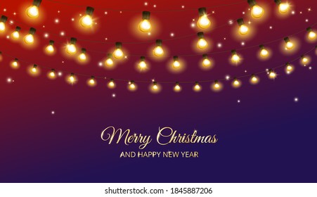 Merry Christmas holiday background. Shining light bulb garland, vector decoration. String of golden lights. Illuminated border, lamps frame. For New Year banners, party posters, flyers