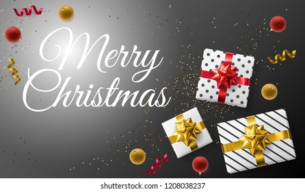 Merry Christmas holiday background template of decoration. Vector gift, ribbon, bow  for Christmas party greeting card