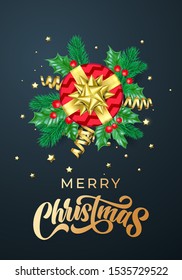 Merry Christmas holiday background template of hand drawn calligraphy quote text for greeting card. Vector golden decoration, gift ribbon bow or gold confetti on black premium sale banner design