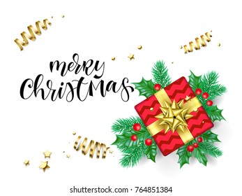 Merry Christmas holiday background template of hand drawn calligraphy quote text for greeting card. Vector golden decoration, gift ribbon bow or gold confetti on white premium sale banner design