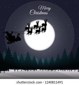 Merry christmas holiday background with winter landscape, sleigh and snow night view.