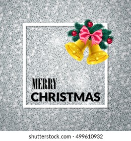 Merry Christmas . Holiday background. Xmas greeting Card on silver glitter background. Poster with frame, fir tree and gold bells.