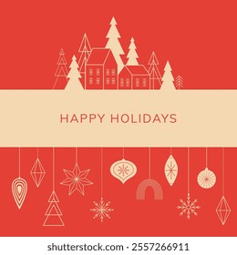 Merry Christmas and Holiday Banner with Scandinavian Village, Forest and Christmas Tree Balls in Geometric Style. Vector Template For Posts, Flyers, Invitations, Cards