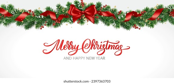 Merry Christmas holiday banner. Christmas tree garland with red bow and ribbons. Merry Christmas calligraphy. Realistic fir tree branches decoration. For party posters, greeting cards, social media.