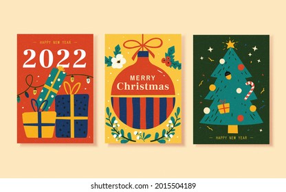 Merry Christmas holiday card collection in warm doodle style. Template set design with Xmas tree, gifts and decorations in festive colors.