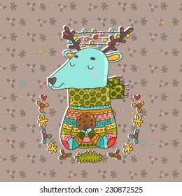 Merry Christmas holiday card with cute cartoon hand drawn deer and chocolate cookie. Funny deer in knitted sweater.