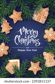 Merry Christmas Holiday card, flyer and invitation. Festive background with fir branches, decorated with gingerbread. Merry Christmas and New Year