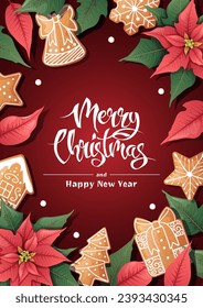Merry Christmas Holiday card, flyer and invitation. Holiday background with poinsettia and gingerbread cookies. Merry Christmas and New Year