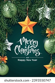 Merry Christmas Holiday card, flyer and invitation. Festive background with fir branches, decorated with New Year's toys, balls, stars. Merry Christmas and New Year