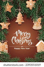 Merry Christmas Holiday card, flyer and invitation. Festive background with fir branches, decorated with gingerbread. Merry Christmas and New Year