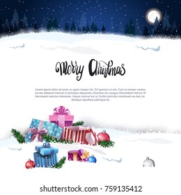 Merry Christmas Holiday Card With Presents Over Night Forest Landscape Banner With Copy Space Vector Illustration