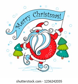 Merry Christmas. Holiday card. Santa Claus on skates.Vector illustration.