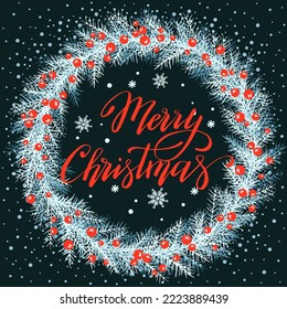  Merry Christmas holiday card, snowflakes and fir brunches wreath vector holiday illustration.