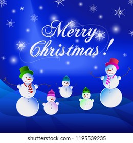 Merry christmas holiday card. Christmas card with snowman. Cheerful snowmen family on abstract blue background. Vector illustration. New Year card.
