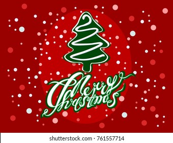 Merry Christmas. Holiday card. Tree. Snow. The red background.Vector.The concept of the design. Lettering.