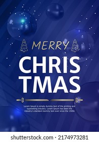 Merry Christmas holiday card in vector. Blue holiday card with inscription, balls and snow. New Year's cover with a festive night sky