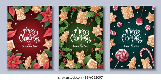 Merry Christmas Holiday cards, flyers and invitations. Festive background with holly, berries, poinsettia decorated with gingerbread. Merry Christmas and New Year.