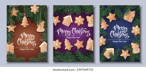 Merry Christmas Holiday cards, flyers and invitations. Festive background with fir branches, decorated with gingerbread. Merry Christmas and New Year