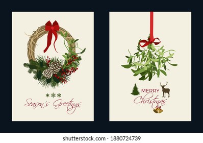 Merry Christmas Holiday cards and invitation. Christmas wreath and mistletoe. Vector illustrations.