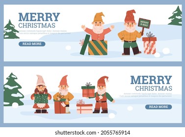 Merry Christmas holiday cards or posters kit with scandinavian nordic gnomes cartoon characters, flat vector illustration. Xmas greeting posters or postcards.
