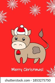 Merry Christmas, holiday, celebration greeting and invitation card, banner, frame, header, postcard. Colorful cute vector with animal and snowflakes on red background. Bull in a winter hat.