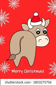 Merry Christmas, holiday, celebration greeting and invitation card, banner, frame, header, postcard. Colorful cute vector with animal and snowflakes on red background. Bull in a winter hat.