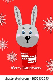 Merry Christmas, holiday, celebration greeting and invitation card, banner, frame, header, postcard. Colorful cute vector with animal face and snowflakes on red background. Hare in winter sarf.