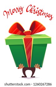 Merry Christmas holiday celebration postcard banner card, man hold big huge gift box surprise with ribbon tied bow , cartoon flat stile funny vector illustration