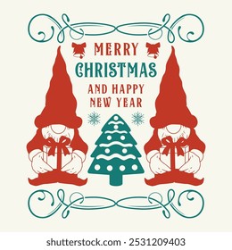 Merry Christmas holiday colorful labels with New Year gnomes working as assistants to Santa Claus near fir tree vector illustration