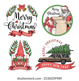 Merry Christmas holiday colorful set posters with Santa and gnome delivering gifts near SUV with New Year tree vector illustration