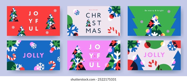 Merry Christmas holiday covers or horizontal posters, greeting cards in modern geometric overlay style for web, branding, social media advertising, promo, print. Modern Xmas layout design templates