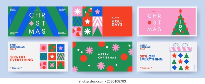 Merry Christmas holiday covers or horizontal posters, greeting cards in modern geometric style for web, branding, social media advertising, promo, print, sales. Trendy Xmas layout design templates