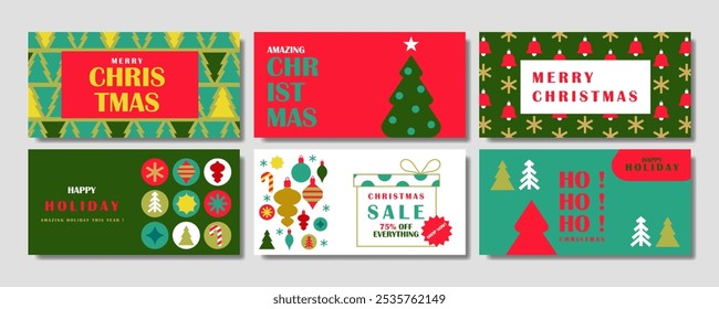Merry Christmas holiday covers or horizontal posters with trendy and modern concept, simple geometric design for cover, web design, poster, flyer, sale