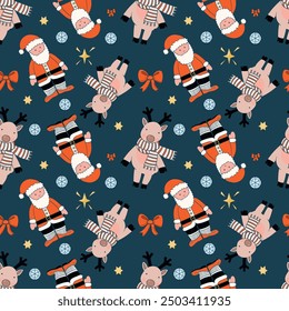 Merry Christmas holiday. Cute Christmas character Santa Claus,reindeer, vector seamless pattern, for fabric, textile and wallpaper