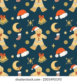 Merry Christmas holiday. Cute Christmas characters gingerbread man and sock with gifts, vector seamless pattern, for fabric, textile and wallpaper