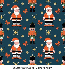 Merry Christmas holiday. Cute Christmas characters Santa Claus and Nutcracker, vector seamless pattern, for fabric, textile and wallpaper