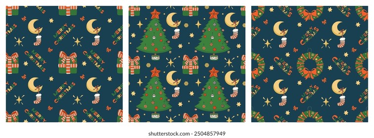 Merry Christmas holiday. Cute Christmas tree, wreath and gifts,set vector seamless pattern, for fabric, textile and wallpaper