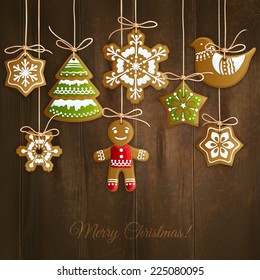 Merry christmas holiday decoration background with ginger man snowflakes and tree cookies vector illustration