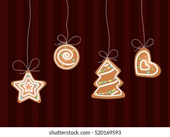 Merry christmas holiday decoration background with ginger star, snowflakes, heart and tree cookies vector illustration
