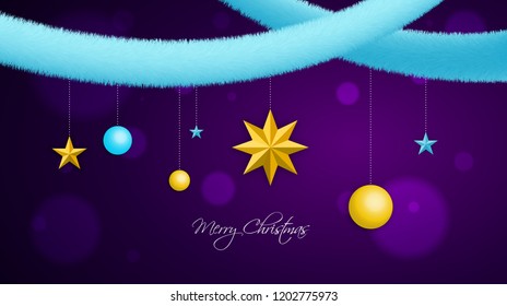 Merry Christmas holiday decorations. Light blue abstract tinsel garlands, stars and christmas balls over dark violet background for your poster, banner, postcard, invitation or greeting card design