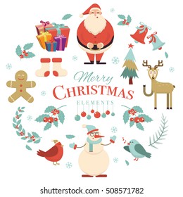 Merry Christmas holiday design elements. Xmas decorations and characters. Santa, snowman, deer, birds, ginger cookie, tree, gift box, socks, snowflake, holly berry, branch